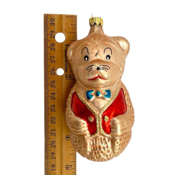 Teddy Bear Cub Bowtie Red Vest Glass Christmas Tree Ornament Old Timey Vtg EUC - Picture 6 of 7